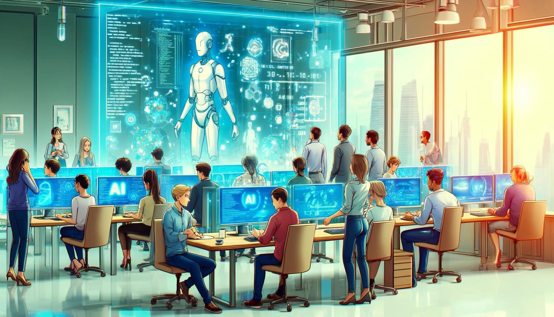 A modern office environment in an anime style, featuring IT professionals interacting with futuristic AI technology.